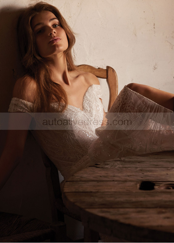 Off Shoulder Beaded Ivory Lace Tulle Sparkle Wedding Dress Off Shoulder Beaded Ivory Lace Tulle Sparkle Wedding Dress